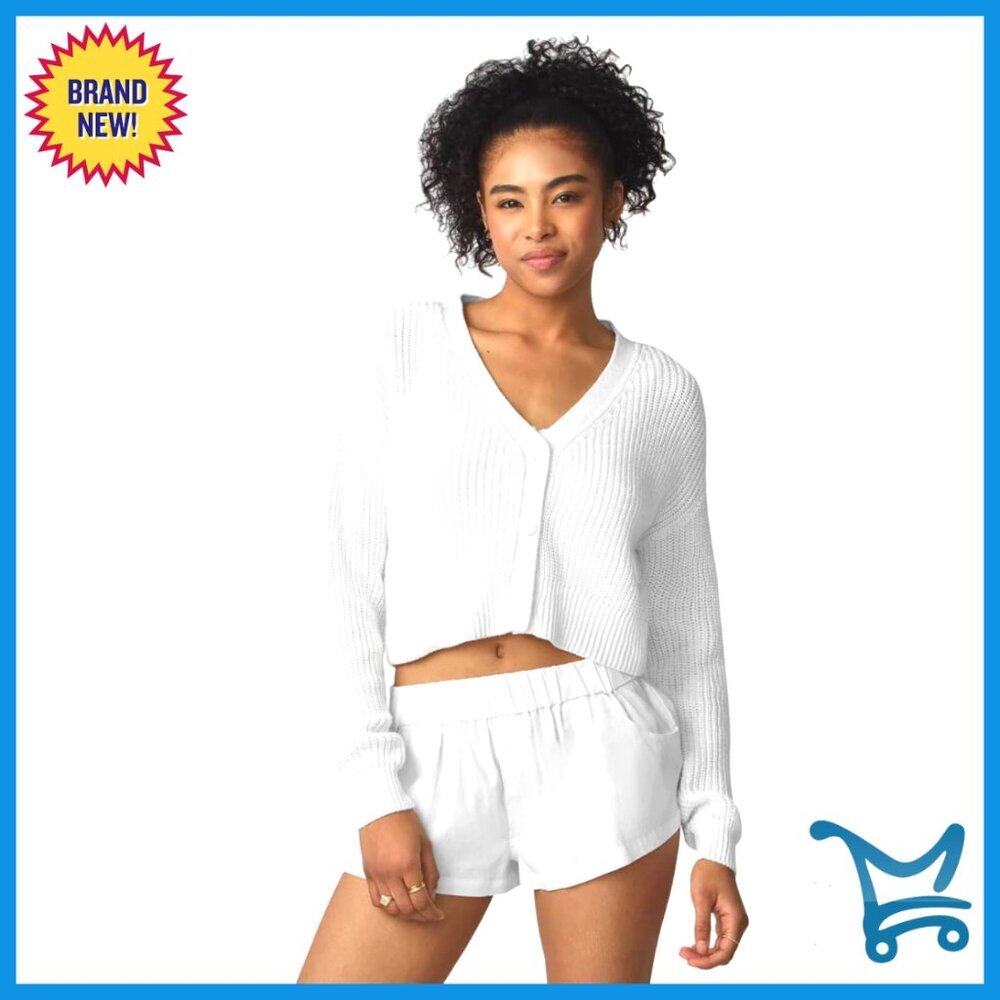 Cropped Cardigan, Cotton Polyester Blend, V-Neck, Button Front, Layering Piece